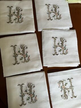 Embroidered Monogram 'H' Linen Dinner Napkins - Set of 12